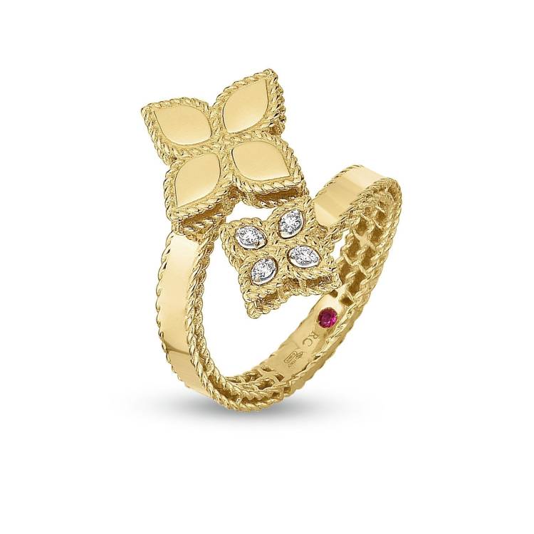 Roberto Coin Princess Flower 18ct Yellow Gold Diamond Double Ring - 17-(57)