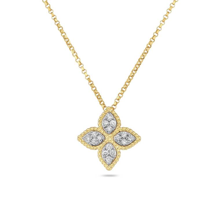 Roberto Coin Princess Flower 18ct Yellow Gold Diamond Pendant Necklace