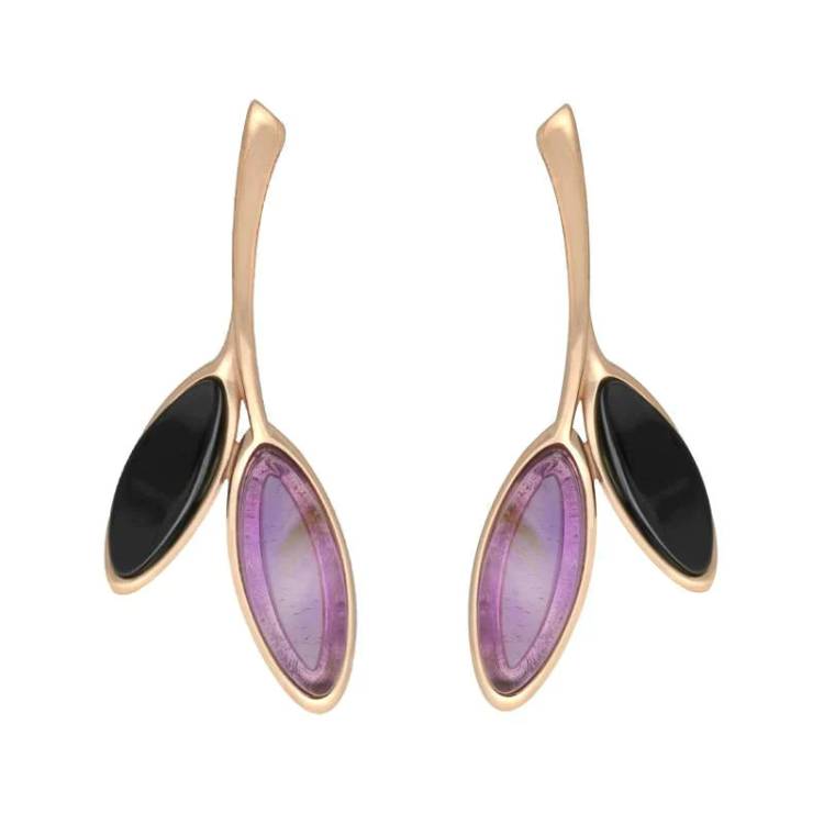 Rose Gold Plated Sterling Silver Whitby Jet Amethyst Leaf Drop Stud Earrings - Silver
