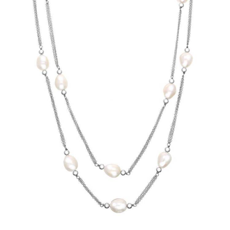 Sterling Silver White Pearl Twelve Stone Double Strand Necklace