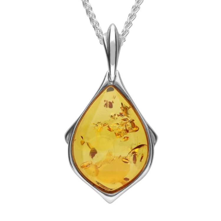 Sterling Silver Amber Teardrop Necklace - Silver