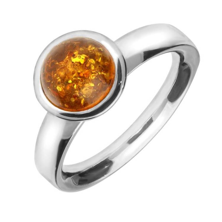 Sterling Silver Amber Round Stone Ring - Option1 Value Silver