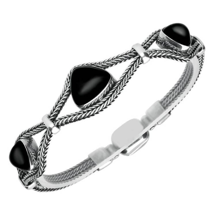 Sterling Silver Whitby Jet Foxtail Three Stone Triangle Bracelet D - Option1 Value Silver