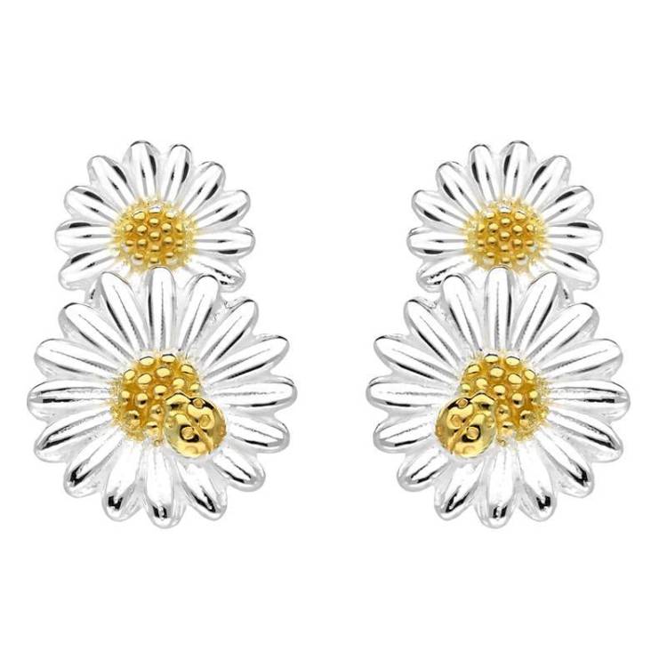 Yellow Gold Plated Sterling Silver Double Daisy Stud Earrings