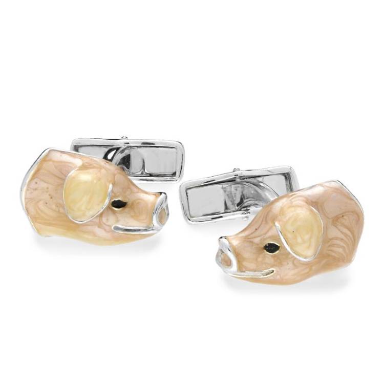 Saturno Sterling Silver Enamel Pig Cufflinks