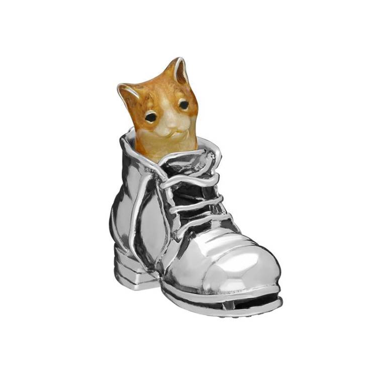Saturno Sterling Silver Enamel Single Kitten in Boot Figurine