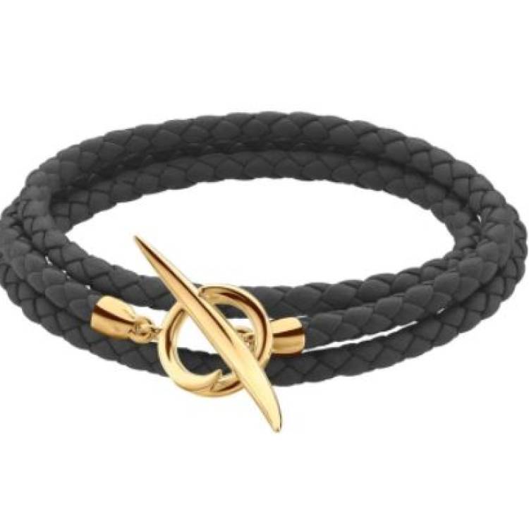 Shaun Leane Quill 18ct Yellow Gold Plated Sterling Silver Black Leather Wrap Bracelet - S