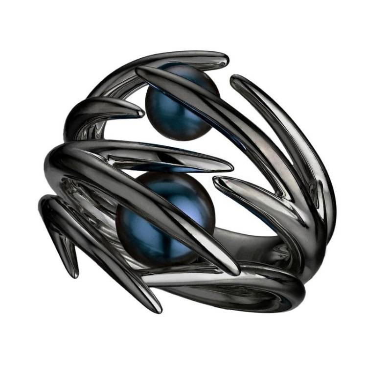 Shaun Leane Sterling Silver Black Rhodium Double Hooked Pearl Ring - S