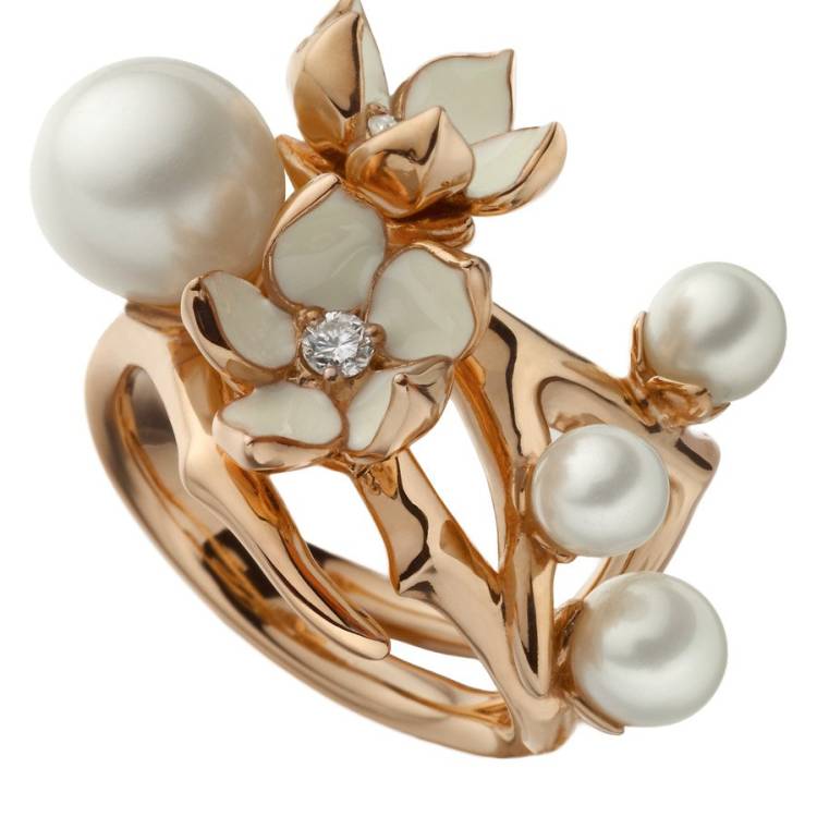 Shaun Leane Cherry Blossom 18ct Rose Gold Plated Sterling Silver 0.10ct Diamond Pearl Flower Ring - P