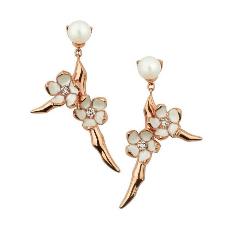 Shaun Leane Cherry Blossom 18ct Rose Gold Plated Sterling Silver Diamond Pearl Small Branch Drop Earrings