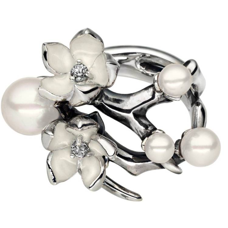 Shaun Leane Cherry Blossom Sterling Silver 0.10ct Diamond Pearl Flower Ring - J