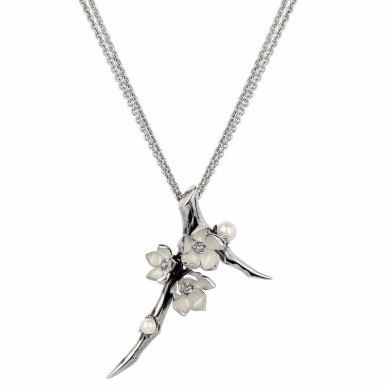 Shaun Leane Cherry Blossom Sterling Silver 0.19ct Diamond Pearl Flower Necklace - Silver
