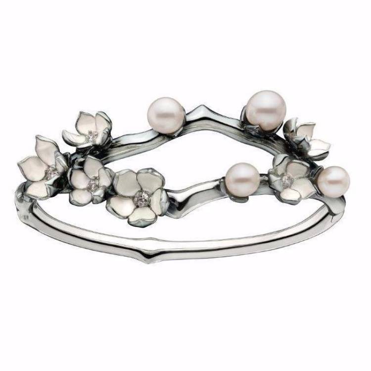 Shaun Leane Cherry Blossom Sterling Silver 0.34ct Diamond Pearl Bangle - Silver