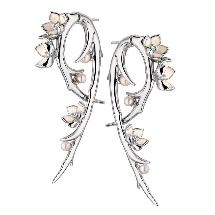 Shaun Leane Cherry Blossom Sterling Silver 0.35ct Diamond Pearl Hook Earrings - Silver