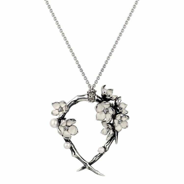 Shaun Leane Cherry Blossom Sterling Silver 0.39ct Diamond Pearl Hoop Necklace