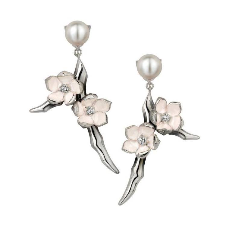 Shaun Leane Cherry Blossom Sterling Silver Diamond Pearl Small Branch Drop Earrings - Silver