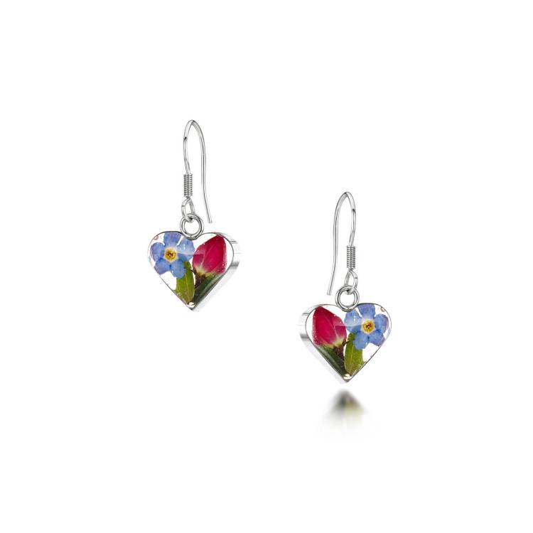 Shrieking Violet Sterling Silver Forget Me Not Rose Heart Drop Earrings - Silver