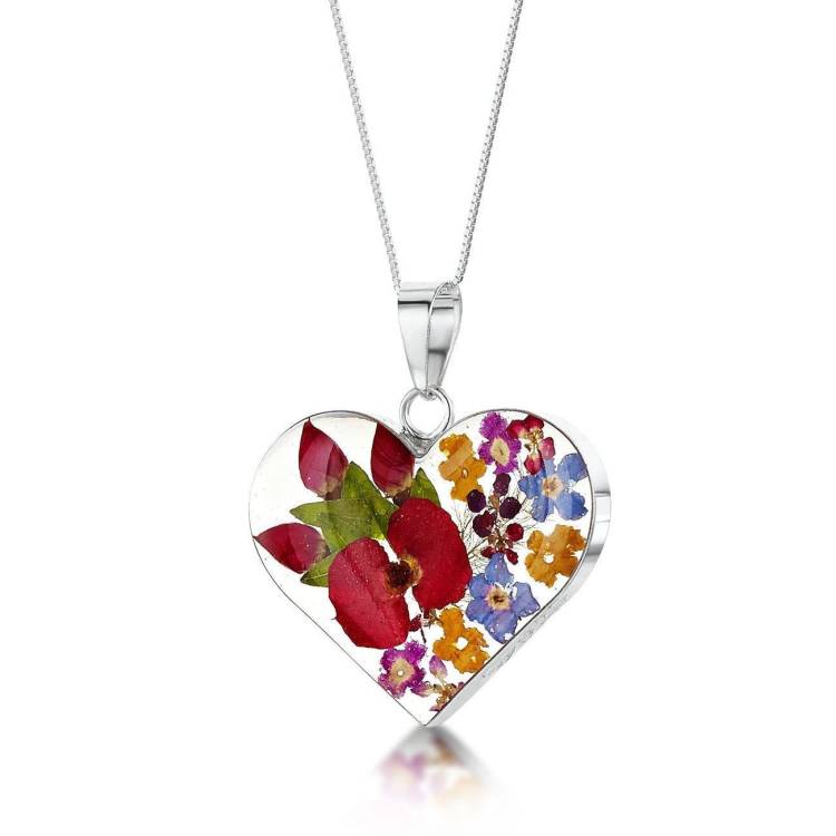 Shrieking Violet Sterling Silver Mixed Flower Medium Heart Necklace - Silver