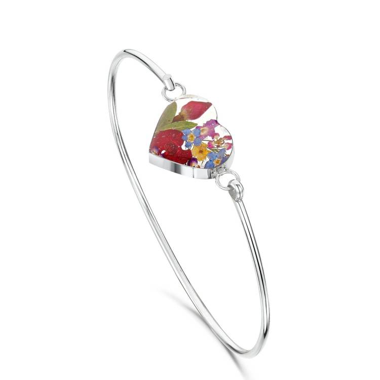 Shrieking Violet Sterling Silver Mixed Flowers Heart Bangle - Silver