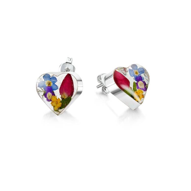 Shrieking Violet Sterling Silver Mixed Flowers Small Heart Earrings - Silver