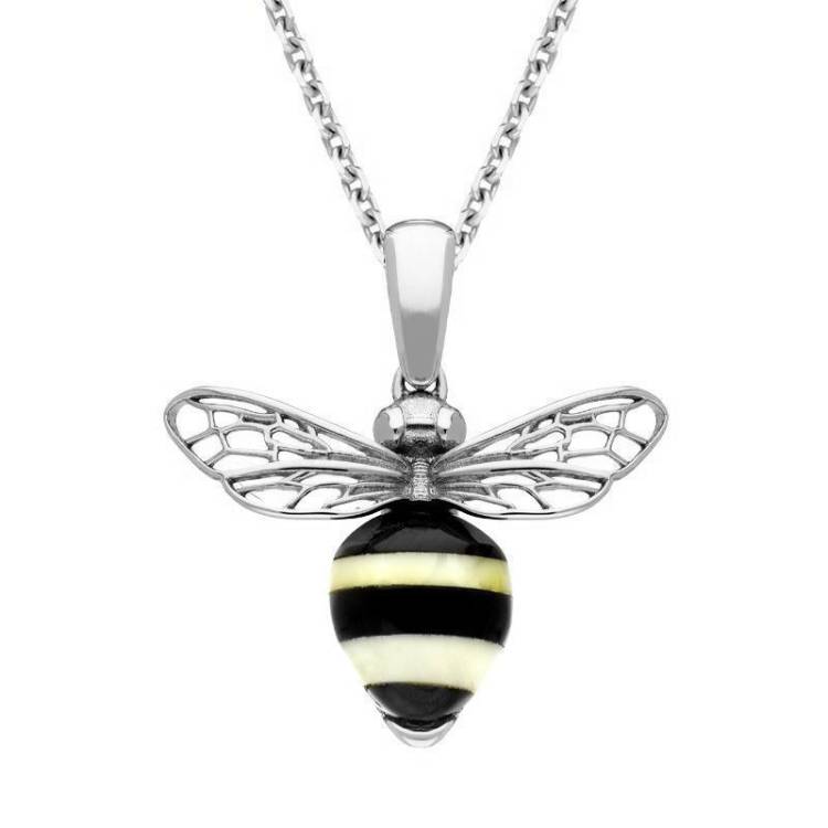 Sterling Silver Whitby Jet Amber Winged Bee Necklace - Silver