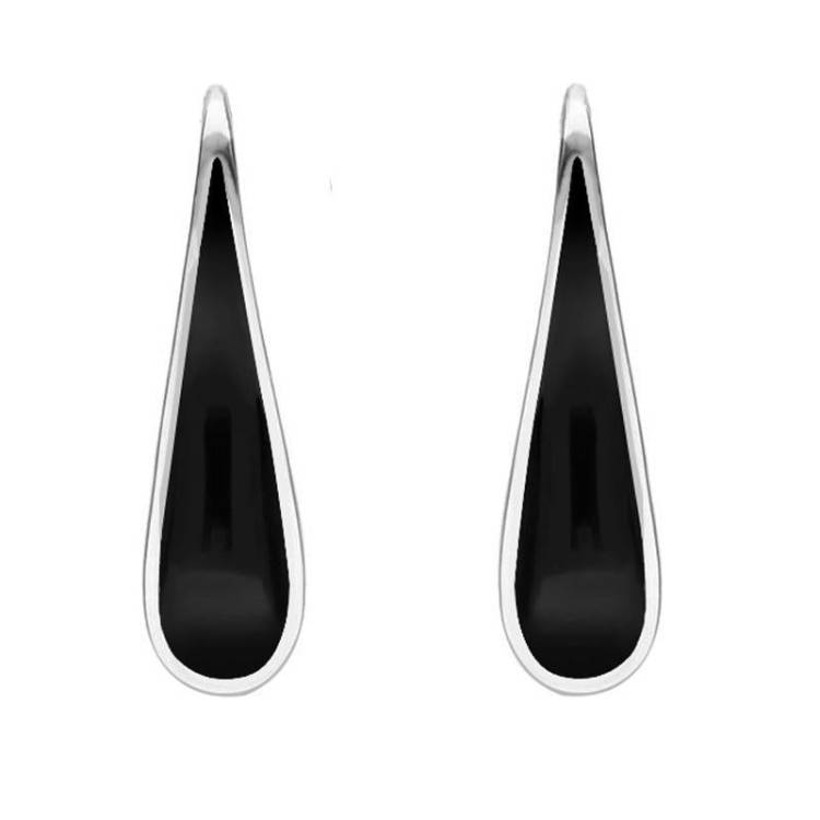 Sterling Silver Whitby Jet Curved Pear Hook Earrings