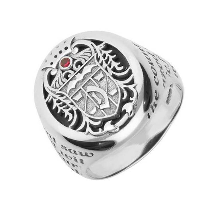 Sterling Silver Whitby Jet Ruby Dracula Crest Signet Ring - Silver