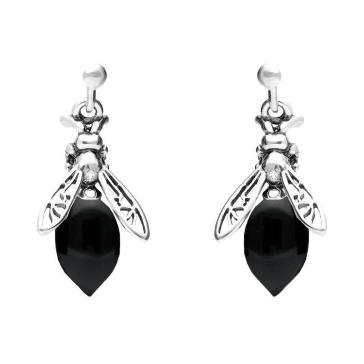 Sterling Silver Whitby Jet Small Bee Drop Earrings