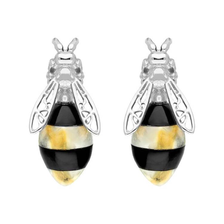Sterling Silver Whitby Jet Amber Bee Stud Earrings
