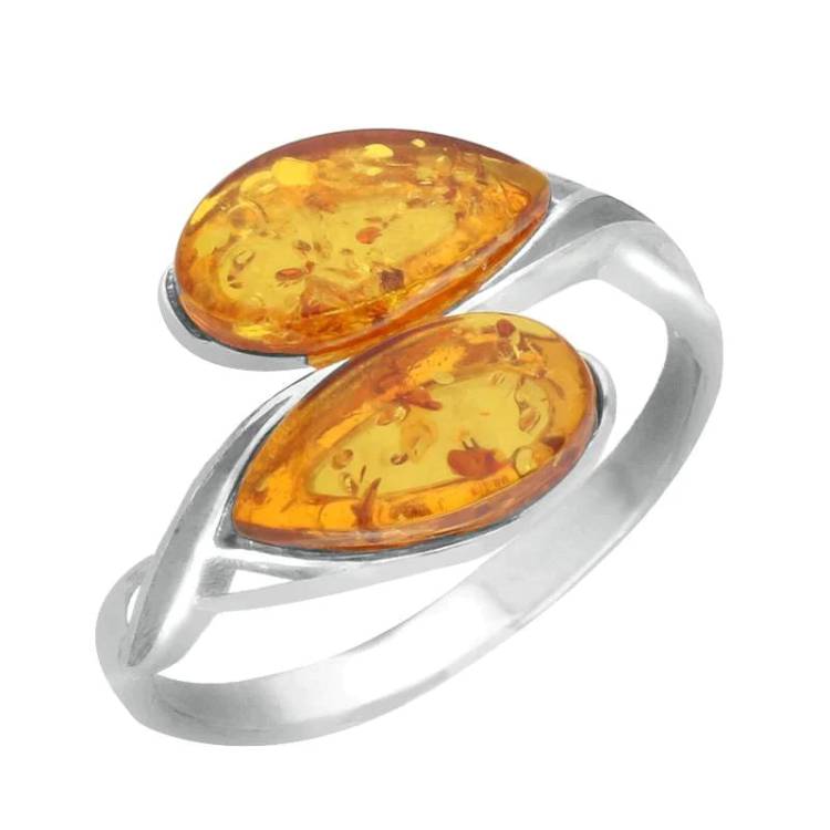 Silver Amber Double Pear Celtic Ring - Silver