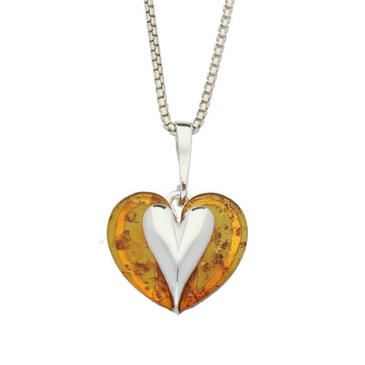 Sterling Silver Amber Heart Carved Necklace - Silver