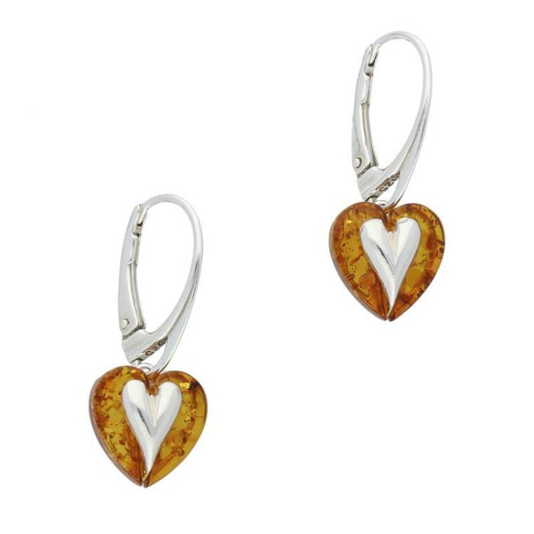 Sterling Silver Amber Heart Centre Earrings - Silver