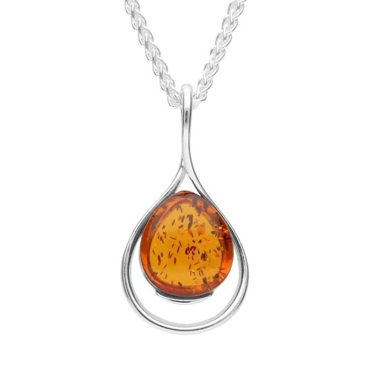 Sterling Silver Amber Open Twist Pear Drop Necklace - Silver