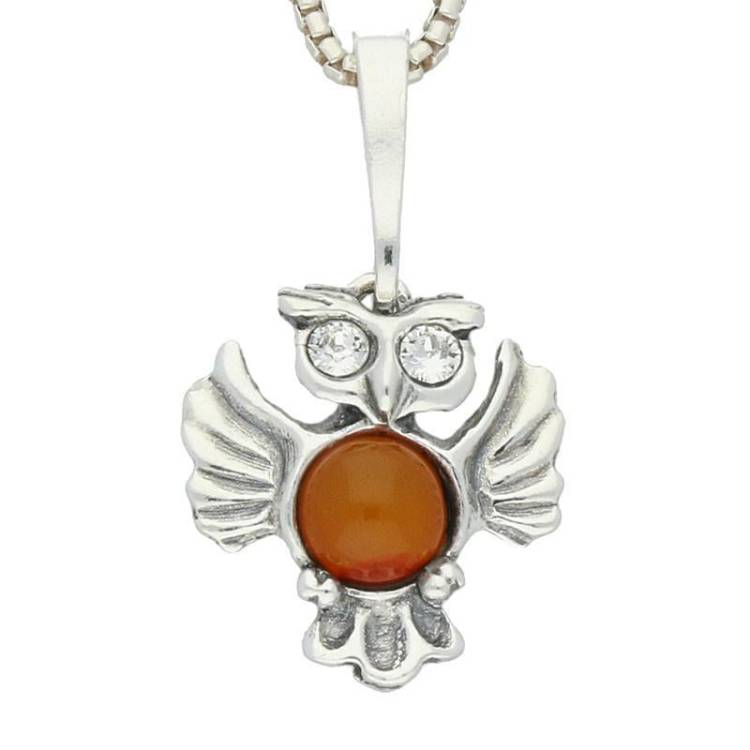 Sterling Silver Amber Open Winged Owl Extra Small Necklace - Silver
