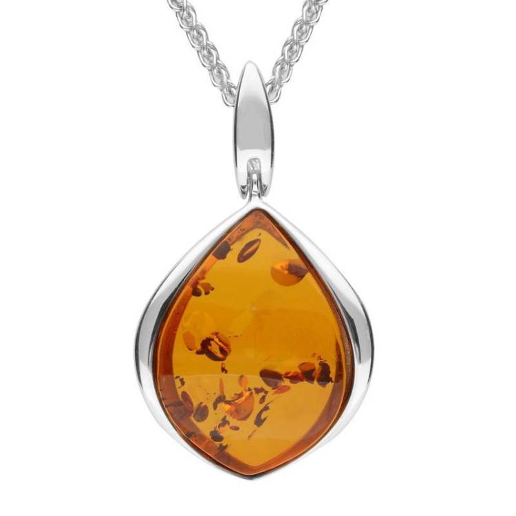 Sterling Silver Amber Pear Drop Necklace - Silver