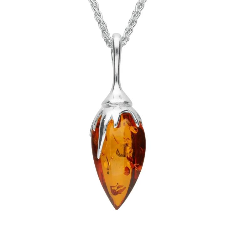 Sterling Silver Silver Amber Plant Bud Necklace - Silver