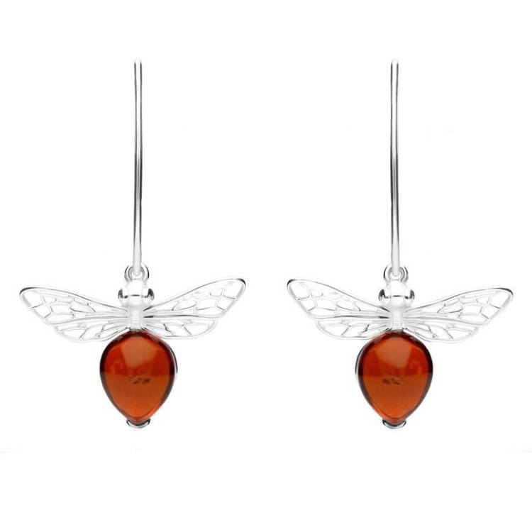 Sterling Silver Amber Bee Small Hook Earrings - Silver