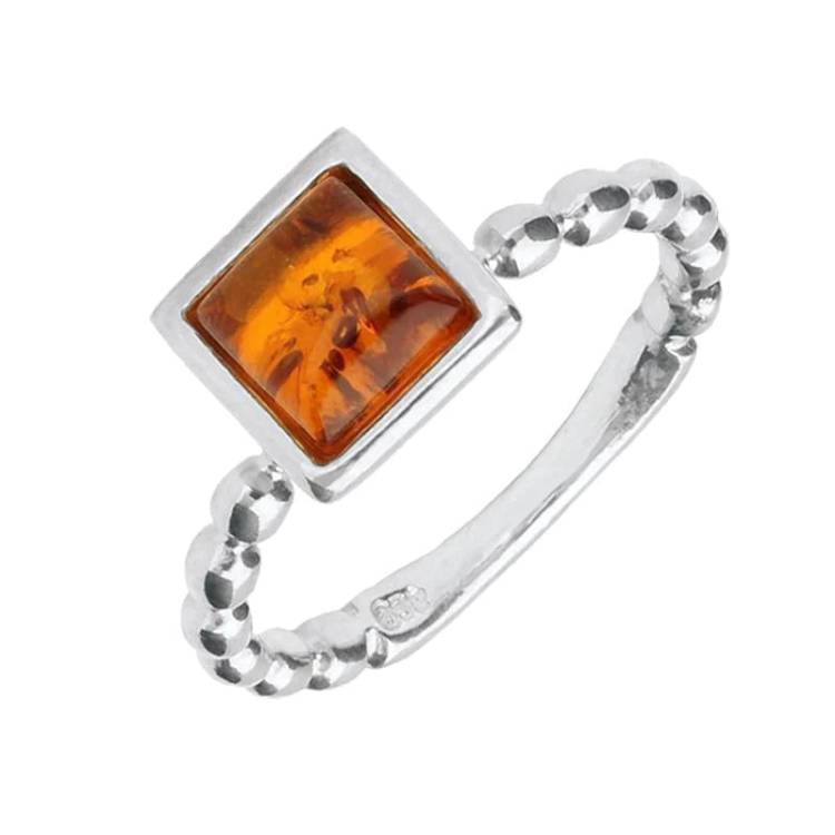 Sterling Silver Amber Square Beaded Stacking Ring - Silver