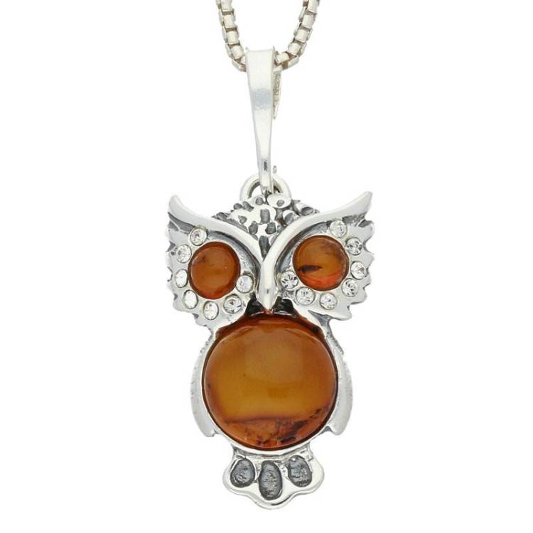 Sterling Silver Amber Cubic Zirconia Medium Owl Necklace - Silver