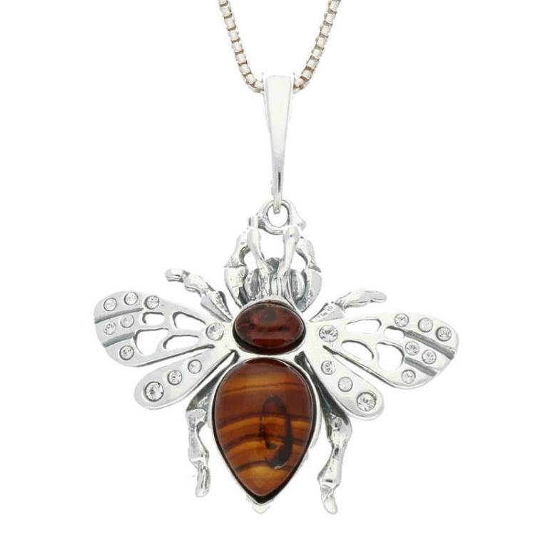 Sterling Silver Amber and Cubic Zirconia Wings Bee Medium Necklace - Silver