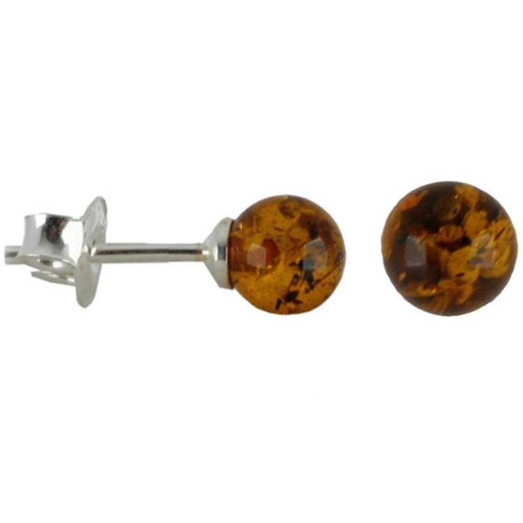 Sterling Silver Baltic Amber Orange 8mm Ball Stud Earrings