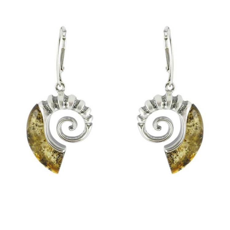 Sterling Silver Baltic Amber Shell Drop Earrings - Silver