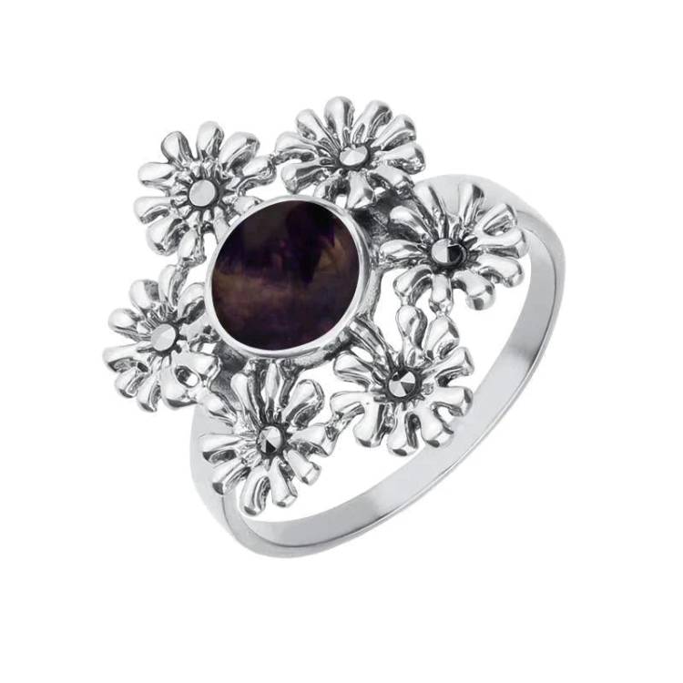 Sterling Silver Blue John Marcasite Flower Ring - Silver