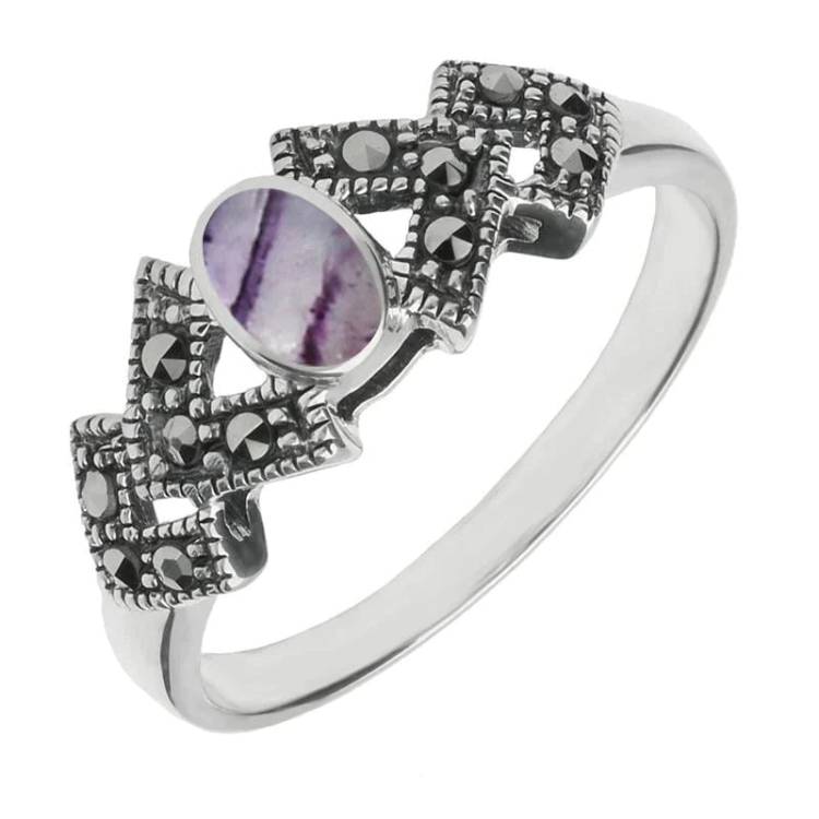 Sterling Silver Blue John Marcasite Oval Triangle Ring - Option1 Value Silver