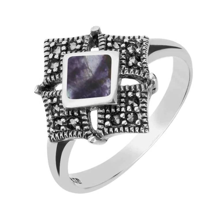 Sterling Silver Blue John Marcasite Square Ring - Silver