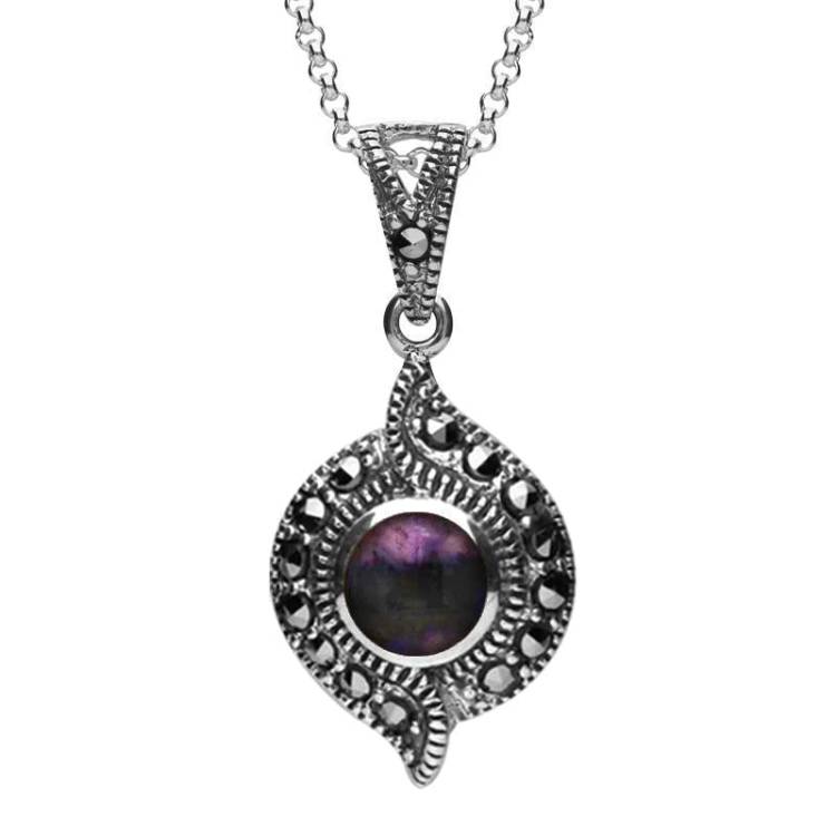 Sterling Silver Blue John Marcasite Twisted Round Pendant Necklace - Silver