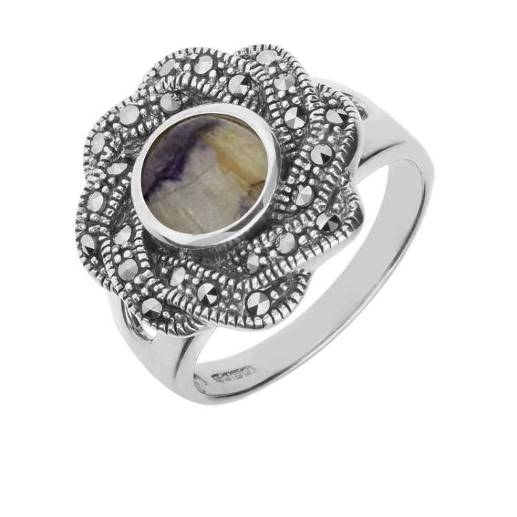 Sterling Silver Blue John Marcasite Ribbon Edge Ring - Option1 Value Silver