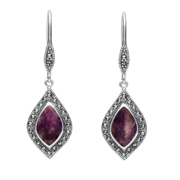 Sterling Silver Blue John Marcasite Pointed Pear Hook Earrings - Silver