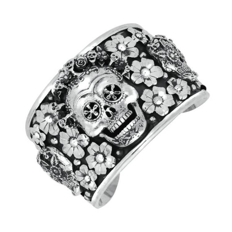 Sterling Silver Day Of The Dead Skull Flowers Wide Cuff Bangle - Silver