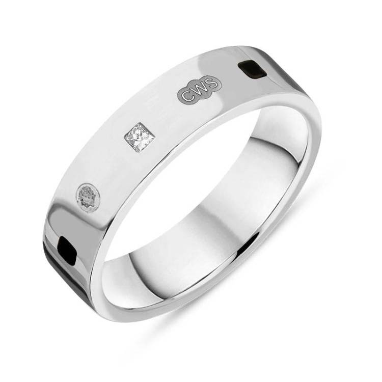 Sterling Silver 0.12ct Diamond Whitby Jet King's Coronation Hallmark Princess Cut 5mm Ring - M